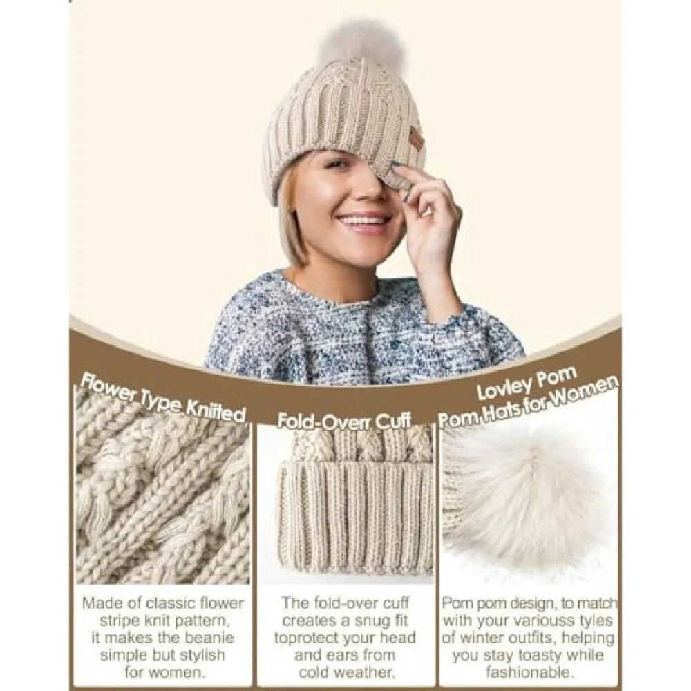 Satin Lined Beanie with Pom Pom, Warm Knit Hat for Women